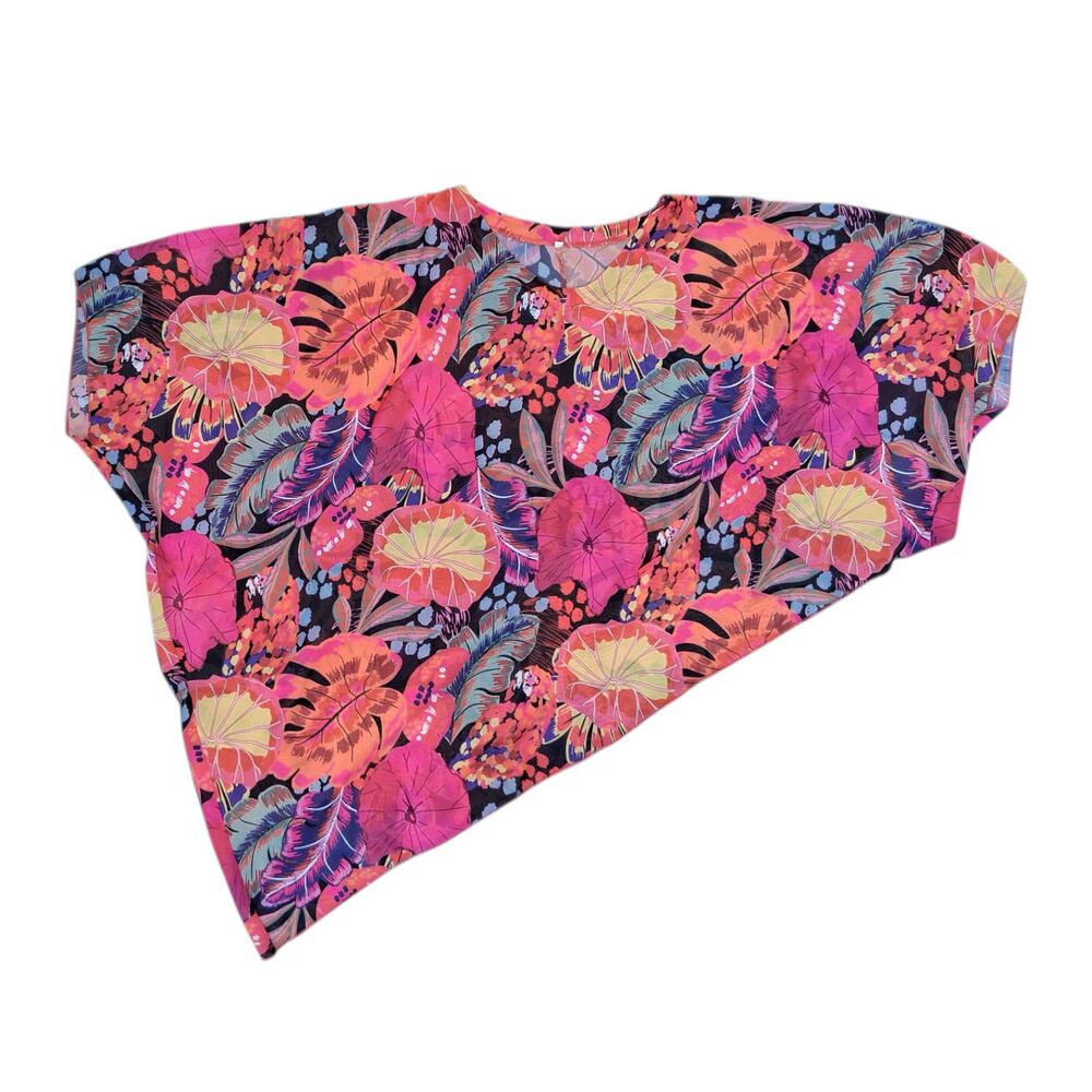 5XL Pink & Orange Tropical Floral Batwing Sleeve Blouse Oversized Boho Top